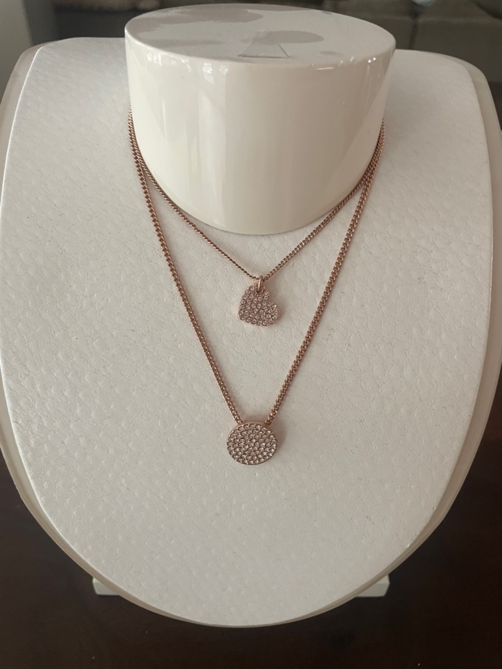 DKNY Rose Gold pave Heart & Disc Necklaces- Women's Jewelry